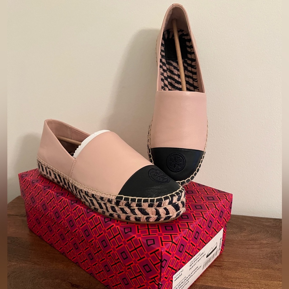 Tory Burch Pink and Black Espadrille Flats